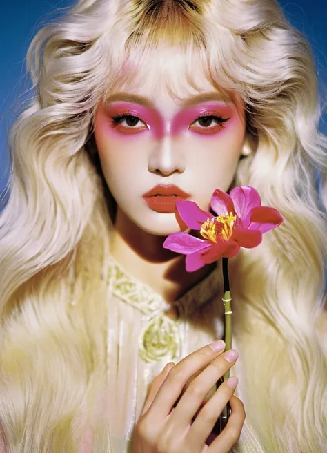 A mesmerizing girl,adorned with long,slightly curly light blond hair,delicately holding a vibrant flower. The pastel makeup echoes the artistic style of Guo Hua,emphasizing the androgenic beauty in a feminine girly dress. This 16-year-old muse,with fuchsia...