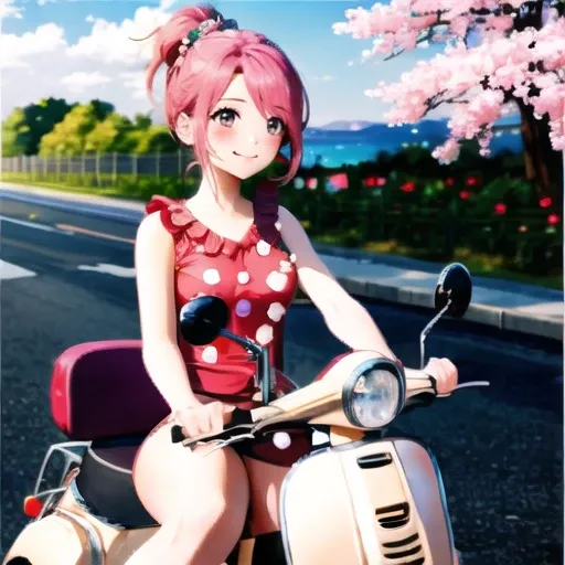 , masterpiece, Highest Quality, Highest Resolution, perfect background, perfect perspective, sharp image, perfect details, perfect lighting, perfect shadows, Perfect lighting, Best anime, background, riding scooter, sitting, grabbing, motor vehicle, motor ...