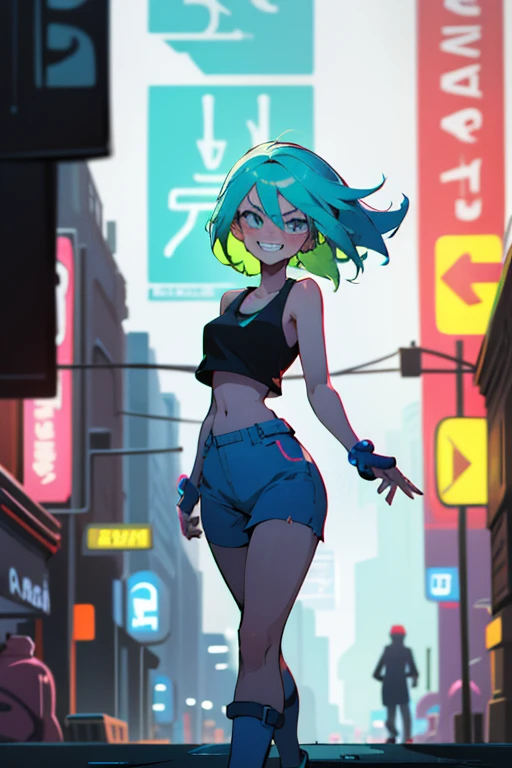 (medium shot:1.4), 1girl, green hair, tank top, grin smile, looking at viewer,
walking in city street, crowded street, out of focus background,
(blue neon_pop art style:1.4),