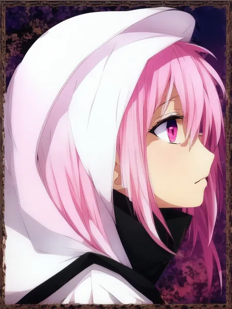 (anime) postcard style, ink, ND8, 1mage girl, pink and white hair, white hood, Portrait, Profile, pampered