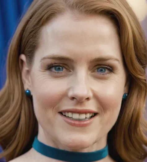 amy adams, happy, blue dress, close up, f/1.8 50mm photo