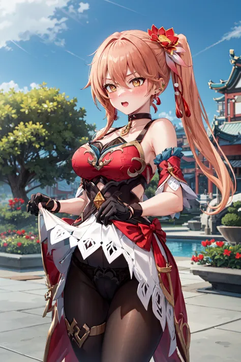 masterpiece,best quality,highres,ultra-detailed,guinaifen,long hair,side ponytail,bangs,hair between eyes,earrings,black choker,hair flower,chinese clothes,bare shoulders,dress,red dress,sleeveless,detached sleeves,fingerless gloves,white skirt,black panty...