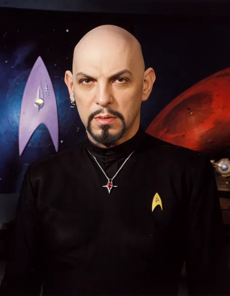 Professional color Photo of Anton LaVey as ((star trek character)), star ship enterprice in background  <lora:AntonLaVey-32x100:0.7>