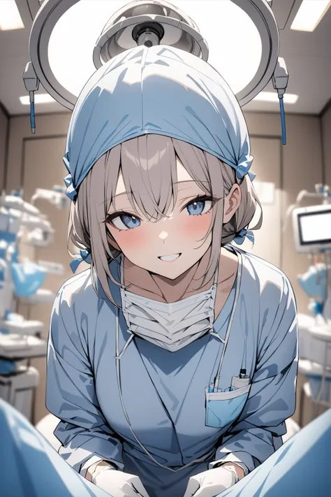 (RAW photo, best quality), 1girl,  smile, long sleeve surgical outfit, surgical mask,  surgical gloves, surgical cap,  operating room, overhead surgical light, blurred background, focused 
 <lora:concept_surgeon_mask_open_xl_v1-000002:1>, surgical_mask_ope...