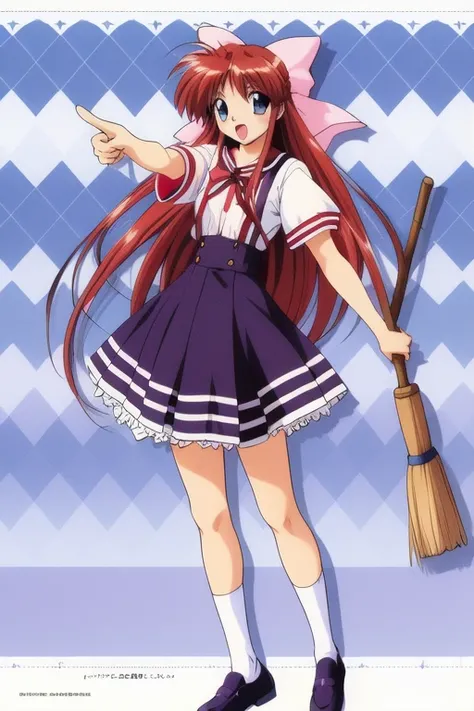 <lora:Hinomori_Azusa:0.8>,  HinomoriAzusa, 1girl, solo, broom, open mouth, argyle, bow, skirt, argyle background, shoes, copyright name, drop shadow, holding, outstretched arm, socks, full body, very long hair, pointing, looking at viewer, blush
masterpiec...