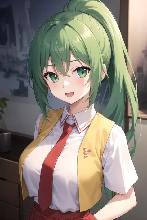 ((masterpiece)),(best quality),official art,extremely detailed CG,unity 8k wallpaper,ultra detailed,beautiful detailed eyes,extremely detailed face,1girl,solo,upper body,(portrait:1.5),looking at viewer,facing viewer,:d,sonozaki mion,long hair,green hair,h...