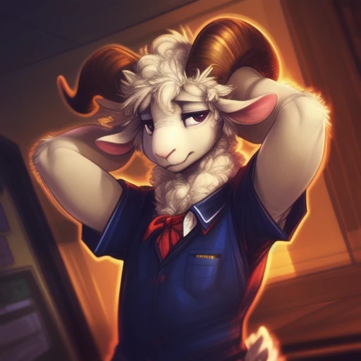 <lora:Pina_Lora:1> pina, sheep, caprine, ((by darkgem)), by dimwitdog:0.5, anthro, schoolboy uniform, standing, hands behind head, dutch angle, long horns, 2 horns, male,