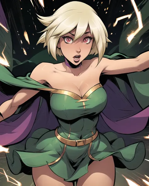 1girl, solo, detailed, masterpiece,HDR, detailed sharp, best quality, 
comic style, lineart, 
dynamic pose, magic, aura,
purple dress, off-shoulder, thihghighs, green cape, 
large breasts,
Vilga, blonde hair, short hair, red eyes, lipstick, bangs, 
 <lora:...