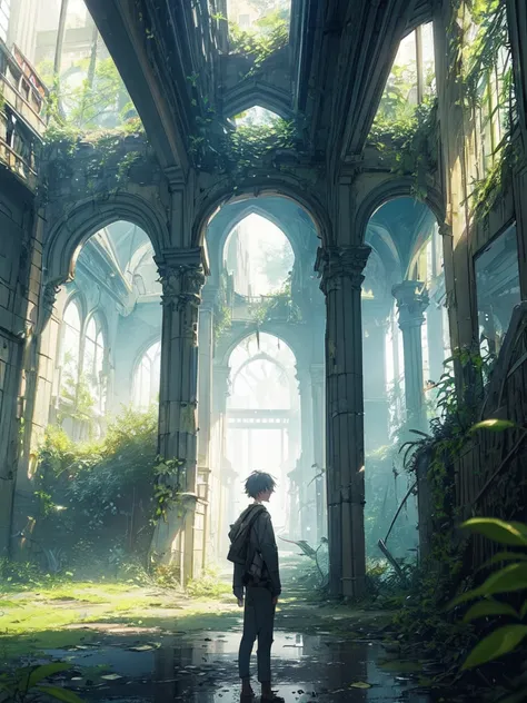 a person standing in an overgrown, abandoned building with a glass ceiling. Sunlight is streaming through the broken panes of glass and lush greenery is growing around the ruins. The person is facing away from the camera, looking towards the light. It has ...