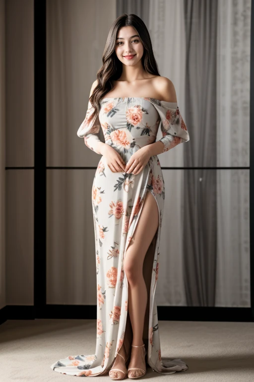 ((1 girl, 22 y.o, Masterpiece, best quality, cinematic lighting, 8k, full body shot, long hair, hourglass body)), (smile:0.85), (realistic background:1.2)
<lora:Long_Dress_H6_By_Stable_yogi:1> gray off-shoulder dress, floral print