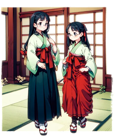 masterpiece, anime screencap, 2girls, mother and daughter, black hair, black eyes, long hair, japanese clothes, long sleeves, red hakama, boots, tabi, sandals, round glasses, full body, cowboy shot, indoors, dojo,  <lora:Sanae:1>