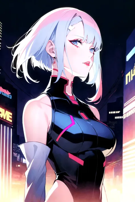 masterpiece, best quality, lucy (cyberpunk), <lora:lucy_offset:1>, bob cut, short hair, asymmetrical hair, multicolored hair, 1girl, solo, pale skin, red lips, detached sleeves, beautiful eyes, upper body, outdoors, looking at viewer, beautiful and aesthet...