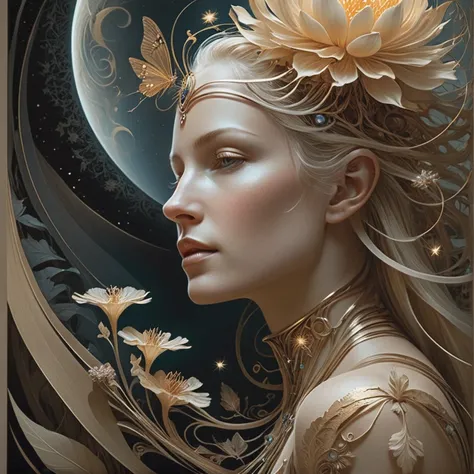 style of Aaron Horkey & Anne Bachelier fusion, Poster close-up, A delicate (tiny woman:0.8), illuminated by a (fast light void:1.5) revealing her intricate details and hidden beauty in a surreal landscape filled with (ethereal flora:1.2).