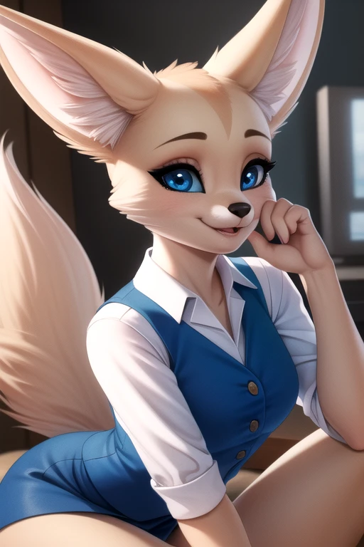 <lora:fenneko-v1-novelai:1> fenneko, 1girl, animal ears, black eyes, body fur, fox ears, fox girl, furry, furry female, fox, anthro, female, fur, fennec, animal nose, black nose, solo, fox tail, tail, smile, clothing, clothed , blue vest, white shirt, blue...