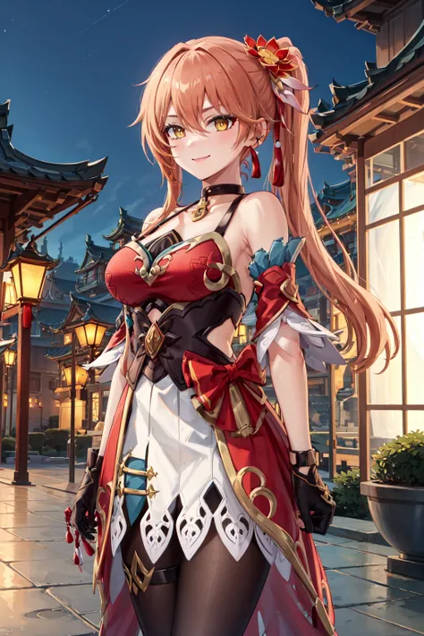 masterpiece,best quality,highres,ultra-detailed,guinaifen,long hair,side ponytail,bangs,hair between eyes,earrings,black choker,hair flower,chinese clothes,bare shoulders,dress,red dress,sleeveless,detached sleeves,fingerless gloves,white skirt,black panty...