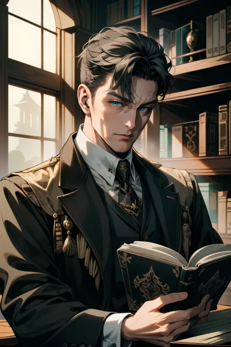 ((ultra detailed, masterpiece, absurdres))
<lora:DPCurator:0.8>
DPCurator, 1boy, short hair, blue eyes, looking at viewer, Grand library with antique books, dynamic warm reading lamps, detailed wooden shelves