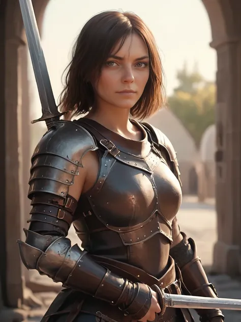 NBWY,  female warrior in leather armor holding a sword   <lora:NBWY_sdxl_scaled:0.75>