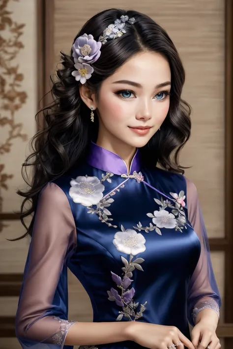 Art for Weddings cowboy shot, (black wavy hair:1.3), woman,  smile, ch30ngs4m_1,  blue long silk cheongsam, silver and pale lavender embroidered flowers, sheer sleeves, hair decoration, <lora:ch30ngs4m_1-12:0.65>, , Creating art for weddings, often for inv...