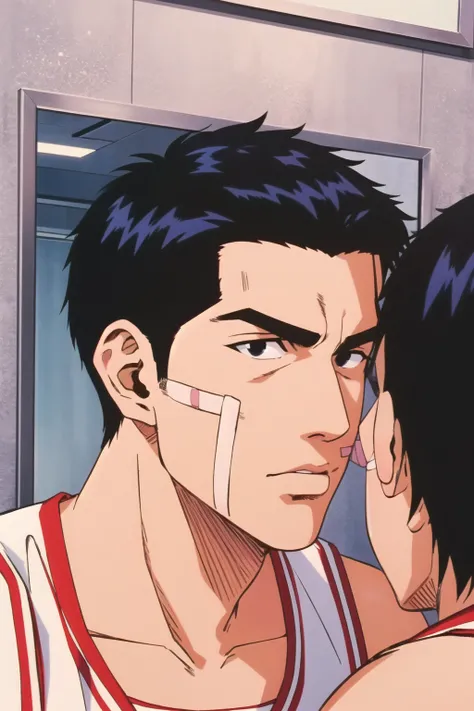 masterpiece,best quality,highres,<lora:Mitsui Hisashi:0.6>,Mitsui Hisashi,1boy,solo,black hair,black eyes,basketball uniform,bandaid on face,bandaid,bandages,looking at mirror,