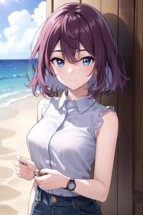 ((masterpiece)),(best quality),official art,extremely detailed CG,unity 8k wallpaper,ultra detailed,beautiful detailed eyes,extremely detailed face,beach,1girl,solo,upper body,(portrait:1.5),looking at viewer,facing viewer,smile,kudaka karin,short hair,pur...