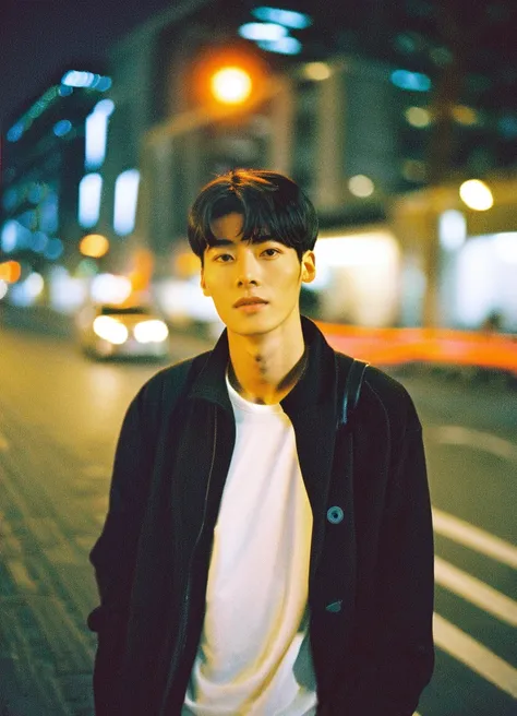 young man,asian ethnicity,white shirt,black coat,ambient lighting,street lights,film grain,portrait,looking at camera,dark hair,...