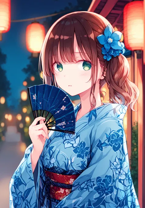 hiten (hitenkei),score_9, score_8_up, score_7_up,
1girl,solo,long hair,looking at viewer,blush,bangs,brown hair,long sleeves,green eyes,upper body,outdoors,parted lips,hair flower,side ponytail,night,depth of field,blurry background,obi,floral print,hair s...