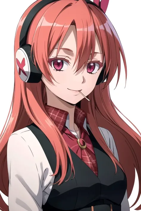 solo, 1girl, looking at viewer, 2D, anime, anime coloring, upper body, (solid white background:1.3), <lora:chelsea-akamegakill-01:0.7>, chelsea, vest, headphones, hair ornament, lollipop, in mouth, looking at viewer, smile