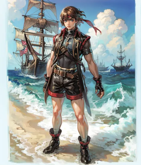 masterpiece, anime screencap, 1 boy, solo, short hair, brown hair, black outfit, shorts, fingerless gloves, outdoors, beach, pirate ship, cowboy shot, full body  <lora:Lazlo:1>