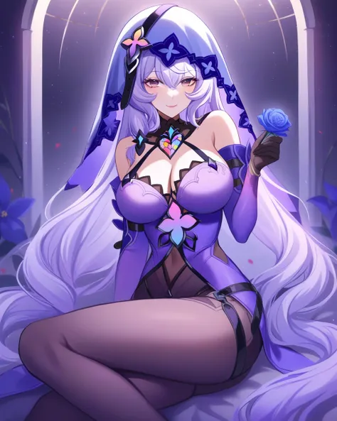 masterpiece,best quality,<lora:star_rail_all:1>,1girl, solo, holding flower, smile, purple hair, very long hair, large breasts, cleavage, thighs, veil, absurdres, bare shoulders, black gloves, black swan (honkai: star rail), blue rose, commentary, elbow gl...