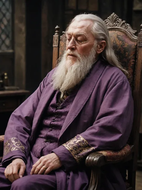 an old wizard man sleeping on a chair, albus dumbledore, solo, sitting on a chair, peaceful, sleeping, closed eyes, wearing glasses, digital painting, pale skin,highly detailed face, white hair, long beard, wearing a dull purple robe, 1950s,dark background...