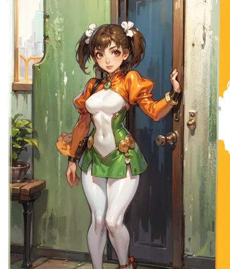 masterpiece, anime screencap, 1 girl, solo, brown hair, short hair, short twintails, brown eyes, gray bodysuit, orange sleeves, green skirt, white leggings, sandals, wristbands, otudoors, valley, cowboy shot, full body   <lora:Norma:1>