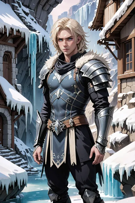 (full body:1.2), 1boy, man, masculine, solo, [:fantastical costume design,:0.2] warlord, caucasian, matte blanchedalmond hair, (slim:1) build, quaint fantasy settlement in a Ice-Covered Canyons<lora:EnvyBetterHiresFixXL01:0:hr=1>