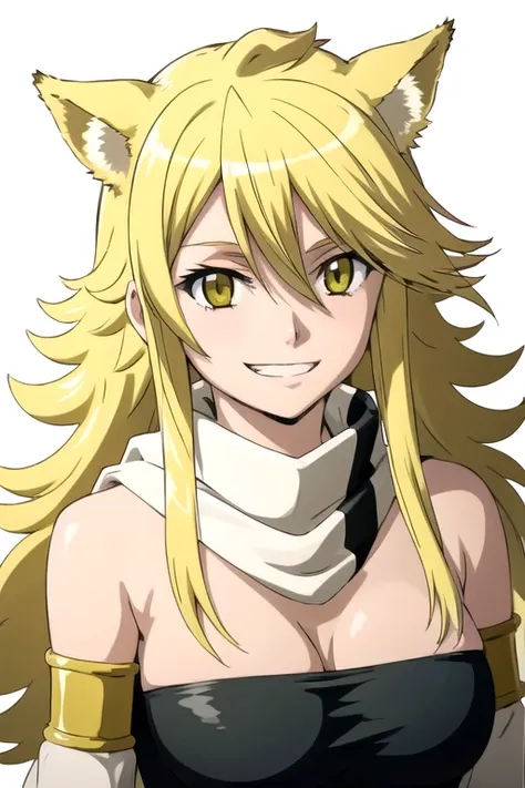 solo, 1girl, looking at viewer, 2D, anime, anime coloring, upper body, (solid white background:1.3), <lora:leone-akamegakill-01:0.8>, leone, animal ears, detached sleeves, scarf, looking at viewer, smile, grin