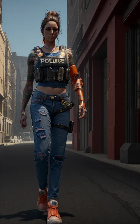 hannswd2024, best quality, dramatic lighting, 1girl, raw image, 5 fingers, walking. prosthetic arm, jeans, sneakers, police vest, tattoo, orange arm,