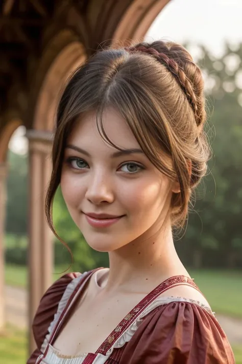 LynFr3TTXV1D,
a beautiful smiling woman in sangria red-colored victorian clothes with a tie on her neck, standing in front of a dilapidated mansion at dawn, (victorian ambience:1.2), (updo hairstyle:1), (dawn:1.2)
(professional photo shooting), (high buget...