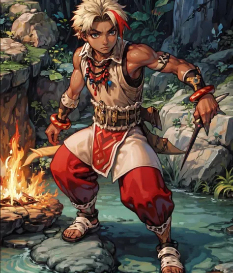 masterpiece, anime screencap, 1 boy, solo, dagger, fighting, flames, blonde hair, streaked hair, brown skin, bare arms, native american clothes, bare arms, wristbands, valley, full body, outdoors, cowboy shot  <lora:Hugo:1>