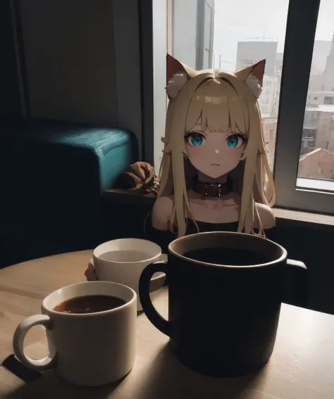 dark theme, masterpiece, best quality, absurdres, detailed, ultra-detailed, 1girl, solo, long hair, blonde hair, shirt, animal ears, green eyes, indoors, cat ears, blunt bangs, collar, aqua eyes, cup, animal ear fluff, cat, cat girl, mug, red collar, anima...