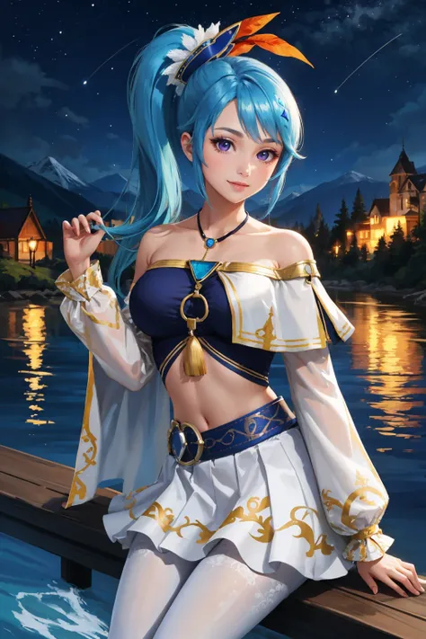 masterpiece, best quality,  <lora:hwlana-nvwls-v1-000009:0.9> hwlana, side ponytail, hair ornament, necklace, white capelet, detached sleeves, bare shoulder, blue crop top, midriff, harness, belt, white skirt, white pantyhose, night sky, river, mountains, ...