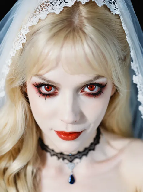 vampire bride,film photography aesthetic,the delicate texture of lace veil gently obscuring her face,long blonde hair,looking at viewer,eye eye contact,sapphire red eyes,choker,devil smile,dynamic composition,skin texture,from above,close-up,sharp focus,ho...