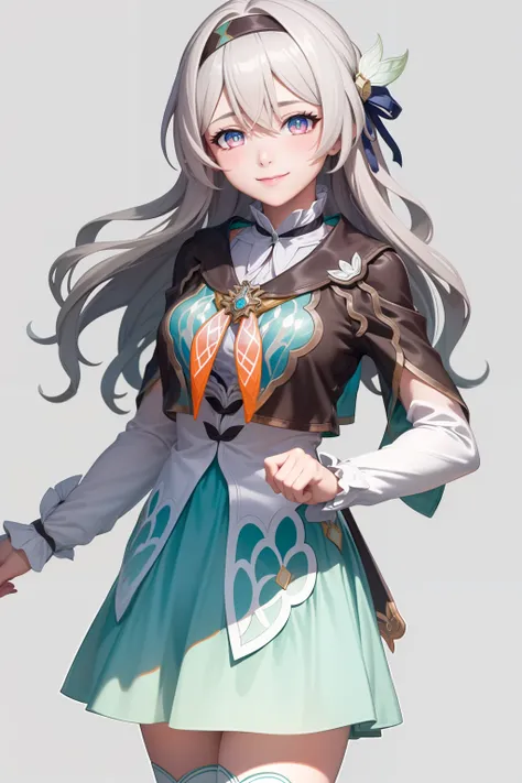 masterpiece, best quality, <lora:firefly-v2-kozue:1>,
1girl, solo,grey hair, long hair,hair ornament,black hairband, blue eyes, long sleeves, green skirt,green thighhighs,
cowboy shot, grey background, smile,closed mouth,blush