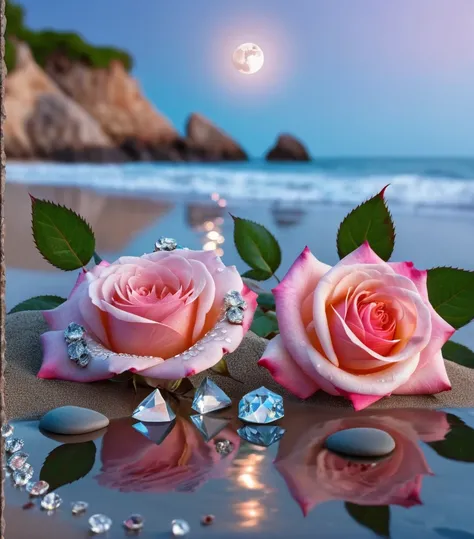 waning moon. flowers roses, stones transparent and diamond crystal in water, on the beach, fantasy, smoke , photo, HD, 8K ,