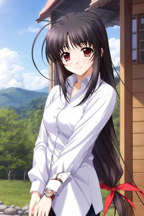 <lora:Mashita_Haruka:0.8>, MashitaHaruka, 1girl, solo, watch, wristwatch, shirt, long sleeves, antenna hair,  hair_ribbon,  low-tied_long_hair, dress shirt, breasts, smile, white shirt, looking at viewer, sky, outdoor, 
masterpiece, high quality, very_high...