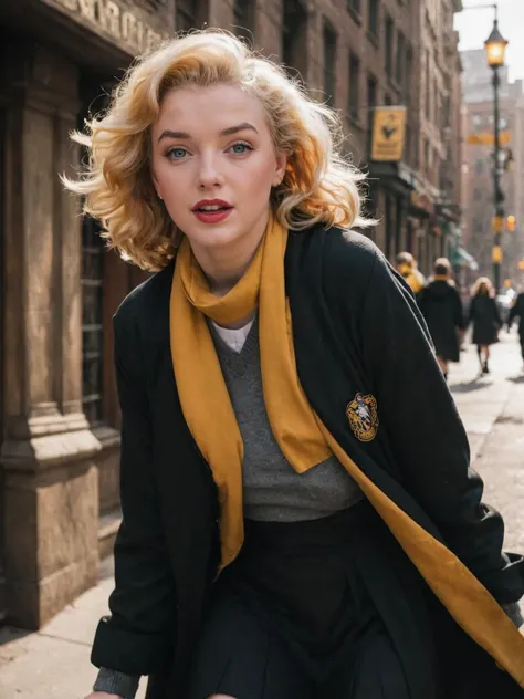 The movie film is still, with full body shots. On the streets of New York, the 25-year-old fair skinned Marilyn Monroe in a hufflepuff uniform dances in the wind, yellow scarf, winter, solo, creating a fictional scenery (intense sunlight: 1.4). Realistic d...