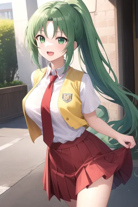 ((masterpiece)),(best quality),official art,extremely detailed CG,unity 8k wallpaper,ultra detailed,beautiful detailed eyes,extremely detailed face,1girl,solo,cowboy shot,looking at viewer,facing viewer,:d,sonozaki mion,long hair,green hair,high ponytail,p...