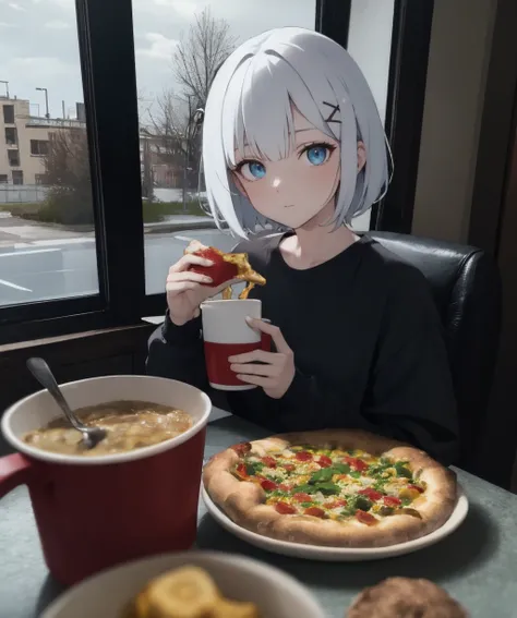 dark theme, masterpiece, best quality, absurdres, detailed, ultra-detailed,1girl, solo, looking at viewer, short hair, blue eyes, shirt, hair ornament, holding, closed mouth, white hair, food, hairclip, indoors, blurry, cup, table, holding food, blue shirt...