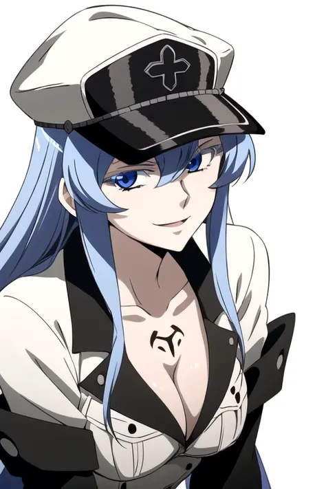 solo, 1girl, looking at viewer, 2D, anime, anime coloring, upper body, (solid white background:1.3), <lora:esdeath-akamegakill-01:0.8>, esdeath, mulitary unform, peaked cap, cleavage, chest tattoo, looking at viewer, smile