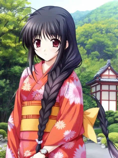 <lora:Mashita_Haruka:0.8>,  MashitaHaruka, 1girl, solo, japanese clothes, kimono, braid, watch, wristwatch, single braid, floral print, long sleeves, pink kimono, sash, obi, red kimono, looking at viewer, Japanese, outdoor, sku, 
masterpiece, high quality,...