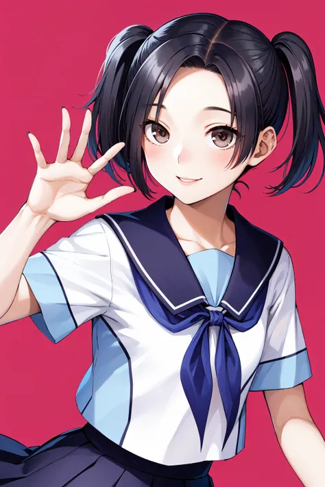 masterpiece, best quality, highres, aarinko, short hair, black hair, short twintails, parted bangs, serafuku, sailor collar, blue neckerchief, white shirt, short sleeves, pleated skirt, blue skirt, <lora:kobayakawa_rinko_v1:0.7>, waving, smile,