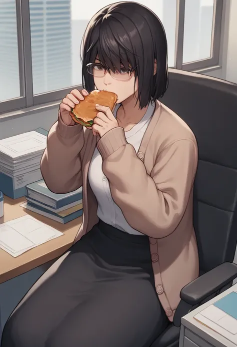 score_9, score_8, score_7, source_anime,
rating_general,
<lora:saori-ponyxl-000030:1> shirosakisaori, glasses,
cardigan, black skirt, long skirt,
1girl, solo, office, eating, dorayaki