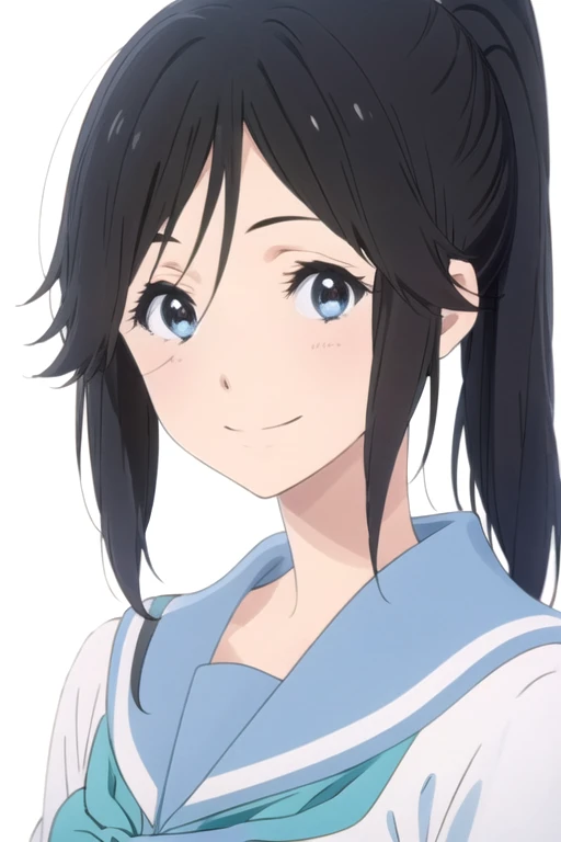 solo, 1girl, looking at viewer, upper body, (solid white background:1.3), <lora:nozomi-lizaoitori:0.9>, nozomi kasaki, kitauji high school uniform, serafuku, blue sailor collar, blue neckerchief, looking at viewer, smile